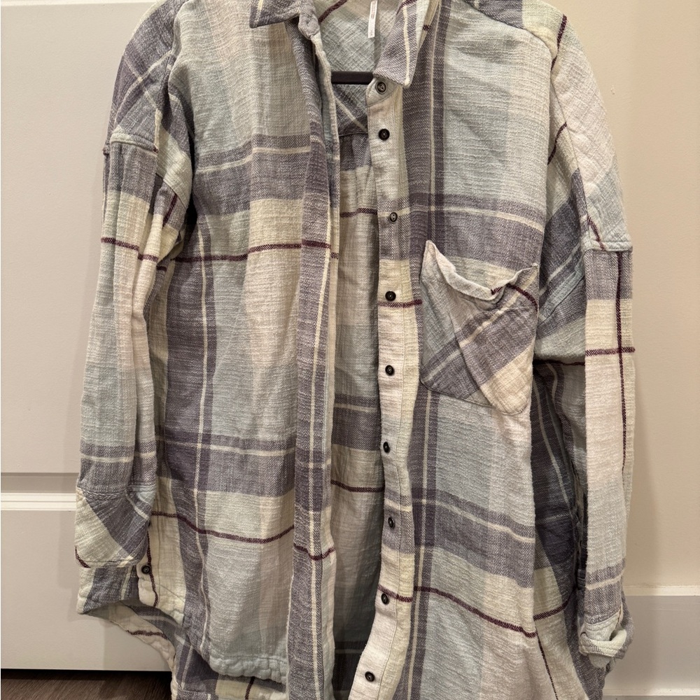 Free People Plaid Button Down Shirt - Gray Green and Cream